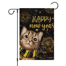 Wodison Happy New Year Garden Flag 12x18 Inch Double Sided Outside, Small Burlap Cat New Year's Holiday Farmhouse Yard Outdoor Decorative Flag