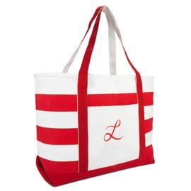 DALIX Beach Tote Bag Shoulder Bags Striped Monogrammed Red Ballent Letter L