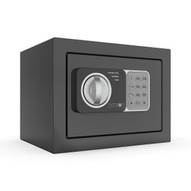 PATRON small safe box with key，mini safe for money，small coin safes for home with code，little jewelry lock box for kids，Wall or Cabinet Safe for personal items，0.236 Cubic Feet Black