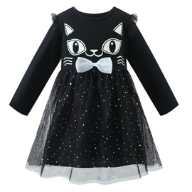 HILEELANG Toddler Girl Hallowen Dress Long Sleeve Novelty Black Cat Graphic Glow in The Dark Tulle Tutu Party Dresses with Witch Hat 4T