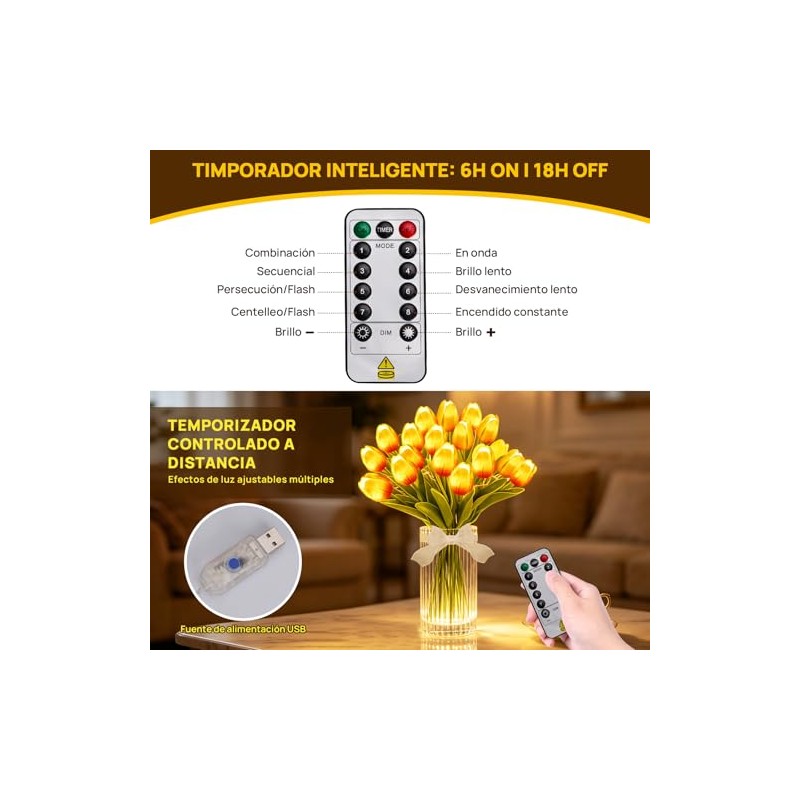20 Tulipanes Artificiales con Luces LED, Rojo Atardecer