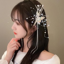 Jumwrit Colorful Butterfly Hair Clip Rhinestone Tennis Chain Long Tassel Hair Barrette Boho Silver Beaded Hairpin Shiny Crystal Fairy Hair Clip Fashion Hair Styling Accessories for Women Girls
