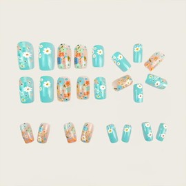Blue Square Press on Nails Medium Length Fake Nails Spring Flower False Nails Cute Gloss Acrylic Nails 3D Floral Stick on Nails Reusable Glue on Nails for Women Girls Manicure Kit 24Pcs