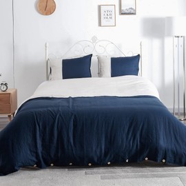 howdy deco 100% Pure French Linen Duvet Cover Stone Washed King Bedding Set Soft Organic Cooling Breathable Comforter Cover with Button Closure (Blue, 1 Linen Duvet Cover 2 Pillow Shams)