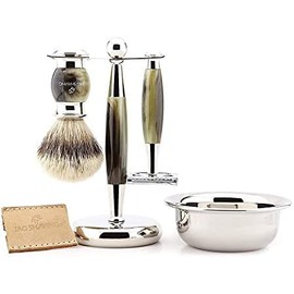 Jag Shaving Double Edge Shaving Set with Silver Tip Badger Hair Brush, Razor, Brush Stand and Bowl