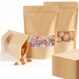 100 Pcs Resealable bags,Stand Up Kraft Paper Bags with Matte Window, Zip Lock Food Storage Bags for Packaging Products, Reusable, Sealable Bag for Packaging, 3.9" x 5.9"