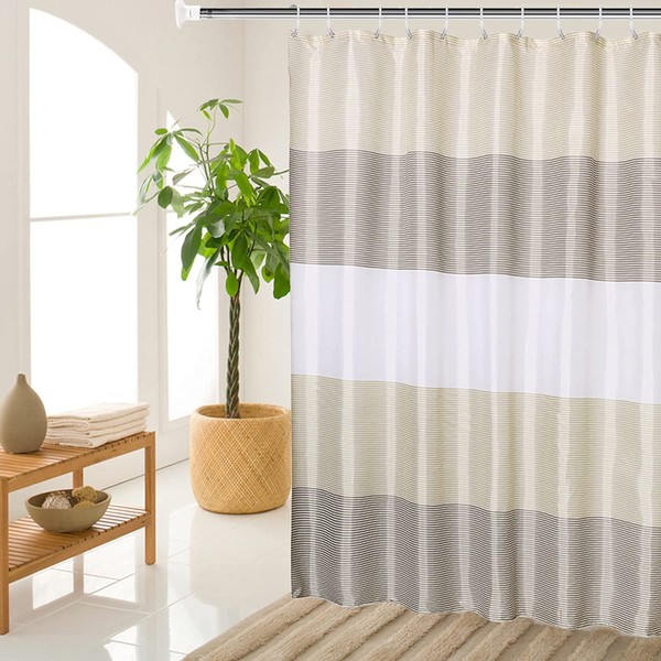 MORNITE Stall Shower Curtain Tan for Bathroom, Gold Beige Gray White Neutral Stripes Cloth Fabric Set with 6 Hooks, 36" W×72" H Inch