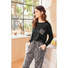 Ekouaer Plaid Pajama Set Long Sleeve Pyjamas for Women Sleepwear Winter Nightwear Soft Pjs Lounge Sets Loungewear, Leopard, XXL