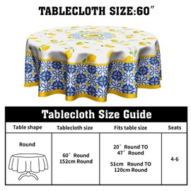 Granbey Lemon Round Tablecloth 60 Inch - Watercolor Floral Lemon Table Cloths Tile Flowers Fruits Table Cover Decorative for Kitchen Dining Room Picnic Party