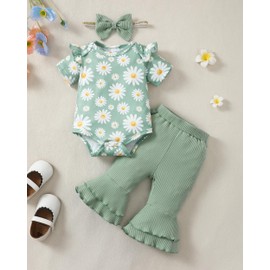 SUNNY PIGGY Baby Girl Clothes Ruffle Short Sleeve Romper Long Pants Set with Headband Newborn Infant Outfits Green 3-6M