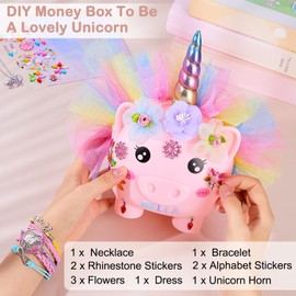 MHJY Piggy Bank for Kids Unicorn Money Box Girls Unbreakable Resin Child Saving Bank Cute Large Coin Banks with Necklace Bracelet DIY Stickers Birthday Set