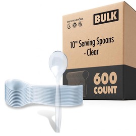 600 Count 10 Inch Disposable Serving Spoons, Clear Plastic Utensils for Catering, Weddings, Holidays, Buffets, Parties, Stock Your Home