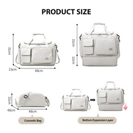 Waterproof Travel Duffel Bag, Weekender/Overnight Bag with Toiletry & Shoes Compartment, Quilted Carry-on Hospital Labor Bag (Beige)