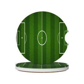 Green Soccer Field Football Car Coasters for Cup Holder, 2 Pack Absorbent Ceramic Car Coaster with Finger Notch & Cork Base