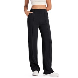 G4Free Women Wide Leg Pants with Pockets Elastic High-Waisted Straight Leg Sweatpants Business Casual Dressy Work Pants for Office(Charcoal Black,XXL,29")