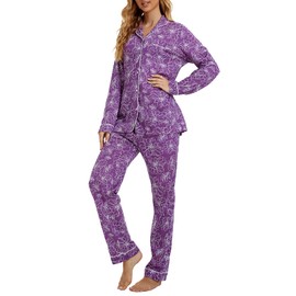 Tugege Pajamas Set Long Sleeve Sleepwear Womens Button Down Nightwear Pj Sets (Purple Peony, X-Large)