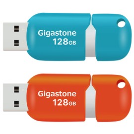 [Gigastone] V10 128GB 2-Pack USB 2.0 Flash Drive Thumb Drive Memory Stick Pen Drive Capless Retractable Design (Blue&Orange)