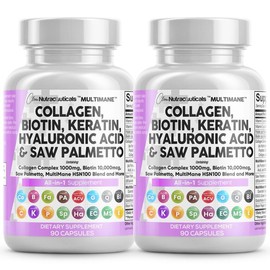 Clean Nutra Multimane Collagen Pills Biotin Keratin Saw Palmetto Hyaluronic Acid - Hair Skin and Nails Vitamins and DHT Blocker with Vitamin E Folic Acid Pumpkin - Color: 2 Bottle