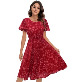 Womens Plus Size Casual Summer Chiffon Polka Dot Boatneck Short Sleeve Wedding Guest Midi Dress Red Small White Dot 2XL