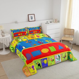 jejeloiu Full Size Kids Educational Learning Bedding Set Boys Girls Numbers ABC Alphabet Shapes Comforter Set for Soft Coloful Fun Game Comforter Elephant Frog Duvet Set Boys
