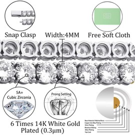 TOPGRILLZ Tennis Necklace Chain for Men 1Row 4mm/6mm 14K Gold Plated Iced Out Diamond Necklace for Women (4mm-White Gold Plated, 18)