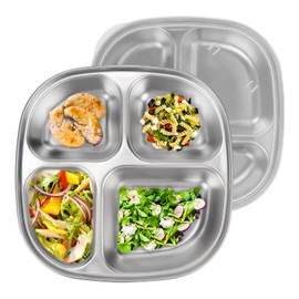 Linkidea 2 Pack Stainless Steel Portion Control Plates, Triple Divided Plates with Lids, Divided Plates for Adults, Suitable for Diet Food Control, Camping Insert (Four Grids)