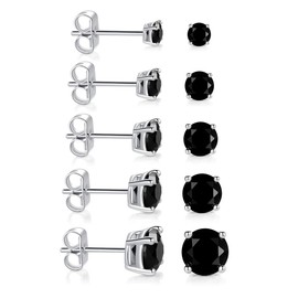18K White Gold Plated Stud Earrings 4 Prong Brilliant Round Cut 3-7MM Ruby/Emerald/Sapphire Cubic Zirconia Earring Studs (5 Pairs) (Black)