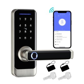 GEKRONE Smart Front Door Lock with Lever Handle, Keyless Entry Keypad Fingerprint Deadbolt, APP Control Biometric Electronic Digital Touchscreen Knob Set