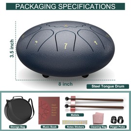 Rain Drum for Outside Garden, 8 Inches 11 Notes Steel Tongue Chakra Drum, Waterproof Rain Chime Meditation Drum, Musical Instruments for Adult Gift with Drum Bag, Music Book, Drum Mallets (Navy Blue)