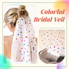 AROCOOY Short Wedding Veil White Rainbow Polka Dots Bridal Veils Colorful Bachelorette Party Veil for Women and Girls