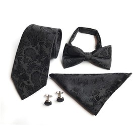 Lunari Necktie, Bow Tie, Pocket Square Cufflinks, Set of 4, Paisley Pattern, Men's, Formal Gift, Black