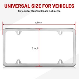 RED WOLF Stainless Steel License Plate Frame Holder 4 Holes Mirror Polish Silver Tag Cover Kit w/Chrome Screws Caps Nylon Insert Nut, Heavy Duty Rustproof Metal Front Rear Fit Car Truck Van SUV, 2PCS