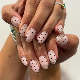 Polka Dot Press on Nails Medium Oval Fake Nails Light Pink False Nails Press ons with Black Dots Design,Reusable Artificial Nail,Full Cover Glossy Glue on Nail Stick on Nails for Women Manicure 24Pcs