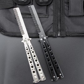 Tomuvpzn Butterfly Comb, 2 PCS Stainless Steel Folding Practice Hair Styling Tools, Training Accessories, Black+White