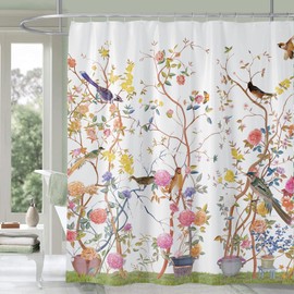Shower Curtain White Mould Proof Resistant Waterproof Bird Floral Bathroom Curtains with 12 hooks Quick-Drying Weighted 180x180cm (71x71Inch) Polyester Shower Curtains for Bathroom Wet Room Tub