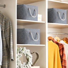 OUTBROS Storage Basket, Foldable Fabric Storage Box, Basket for Shelves with Handles and Drawstring, Used for Towels, Clothes, 34 x 24 x 20 cm, (Gray, 3 pack)