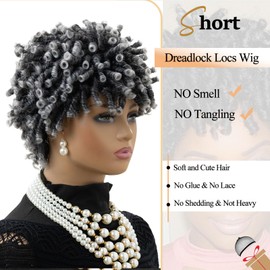 MOONSHOW Dreads Wig Short Grey Braided Wigs for Black Women Black and Grey Short Afro Curly Kinky Twist Braided Wigs Gray Faux Locs Curly Hair Wigs Synthetic Dreadlock Wig