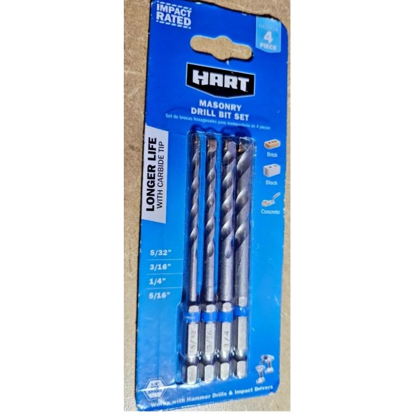 HART 4 PC MASONRY DRILL BIT SET, WITH CARBIDE TIP,