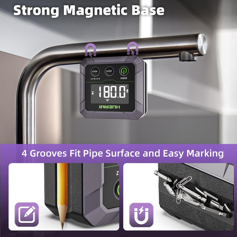 Huepar Professional Digital Protractor, Strong Magnetic, ±0.1° Accuracy, Precision Inclinometer