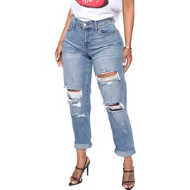 SheKiss Boyfriend Stretchy Jeans for Women - Distressed Frayed High Waisted Trendy Denim Blue Jeans