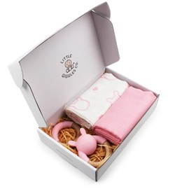 Little Giggles Co.® Baby Gift - Teething Toys & Large Muslin Cloths Gift Set. Sensory Play Rattle, Soothing Teether Ring, Soft Cotton Baby Muslins. Baby Essentials for Newborn Girl & Baby Shower Gifts