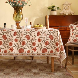 ISAENNE Floral Rectangular Tablecloth,Linen Table Cloth with Orange Flowers and Green Leaves Pattern,Heavy Durable Table Cover for Dining Thanksgiving Kitchen Party Banquet Christmas,63"*94"