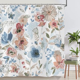 ASDCXZ Flowers Shower Curtain 180 x 200 cm, Spring Watercolour Blue Orange Red Flowers Green Leaves White Bathroom Washable Shower Curtains Polyester Textile Waterproof Bath Curtain for Bath with 12