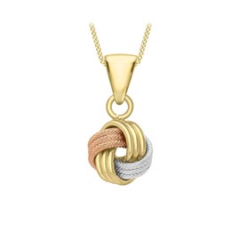 Carissima Gold 9 ct 3 Colour Gold with Textured and Polished 4 Way Knot Pendant on Curb Chain of Length 46 cm/18 inch