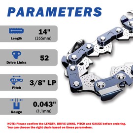 Yeerch 3 Pack 14 Inch Chainsaw Chain, 3/8" LP Pitch, .043" Gauge, 52 Drive Links-Fits for Echo, Ryobi, Milwaukee and More 14" Chainsaw (Semi-Chisel)