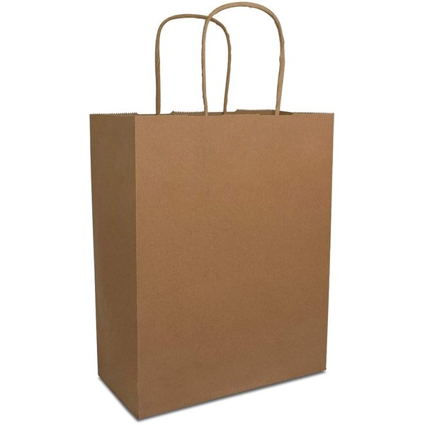 Brown Paper Bags with Handles – 8x4x10 inches 50 Pcs. Paper Shopping Bags, Bulk Gift Bags, Kraft, Party, Favor, Goody, Take-Out, Merchandise, Retail Bags, 80% PCW Cub Size Small
