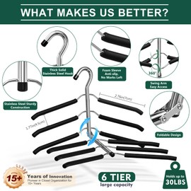 DOIOWN Clothes Hangers Space Saving - 6 Tier Coat Hangers Space Saving Hangers Non Slip Foam Padded Hangers, 3 Pack Black Metal Sweater T Shirt Hangers for Men Women, Closet Organizers and Storage