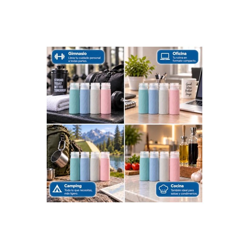 Juego de 4 Botellas de Silicona para Viaje, 90 ml,