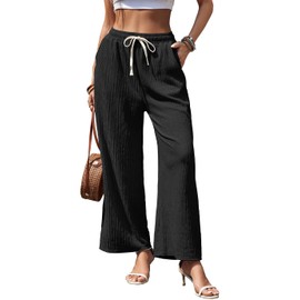 EdgeVibe Women Palazzo Pants Wide Leg High Waist Adjustable Knot Loose Casual Trousers Comfy Lounge Pant Business Black Work Pants with Pockets XL