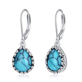 POPLYKE Turquoise Teardrop Earrings Cage Filigree Dangle Drop Earrings for Women Sterling Silver, Sterling Silver
